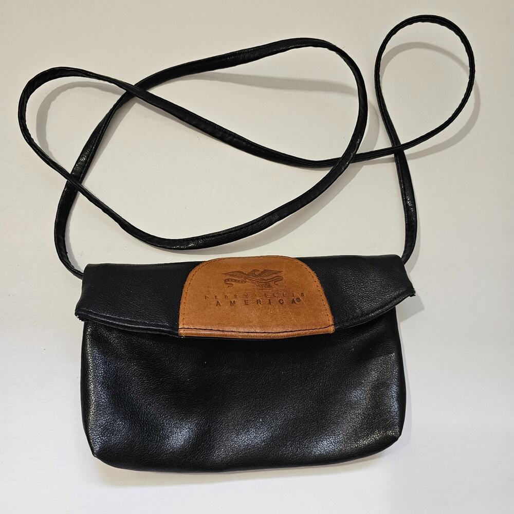 Perry Ellis America Black Foldover Crossbody Bag Tan Genuine Leather Trim Vtg